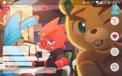  2boys alarm_clock animal_crossing animal_ears artist_name battery_indicator beaver_boy beaver_ears black_shirt blush brown_fur buck_teeth bug butterfly c.j._(animal_crossing) cellphone chameleon_boy chat_log clock english_commentary fang flick_(animal_crossing) furry furry_male glasses heart highres livestream looking_at_viewer male_focus modeling multiple_boys one_eye_closed open_mouth phone shirt sitting smartphone smile sweatdrop teeth wasp_(anthyutena) wi-fi_symbol 