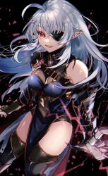  1girl ahoge armor black_gauntlets breasts clawed_gauntlets eyepatch fangs gauntlets general_geega grey_hair highres indie_virtual_youtuber jyuka_en leg_armor leotard long_hair looking_at_viewer navel open_mouth pointy_ears red_eyes see-through_cleavage see-through_clothes see-through_leotard shoulder_armor single_gauntlet smile thigh-highs thighs virtual_youtuber 