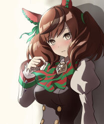  1girl absurdres animal_ears black_dress bow bowtie brown_eyes brown_hair closed_mouth commentary_request diagonal-striped_bow diagonal-striped_bowtie diagonal-striped_clothes dress ear_covers green_bow green_bowtie grey_shirt highres horse_ears horse_girl juliet_sleeves long_sleeves looking_at_viewer masasim nice_nature_(poinsettia_ribbon)_(umamusume) nice_nature_(umamusume) pinafore_dress playing_with_own_hair puffy_sleeves shirt simple_background sleeveless sleeveless_dress solo striped_bow striped_bowtie striped_clothes twintails umamusume upper_body white_background 