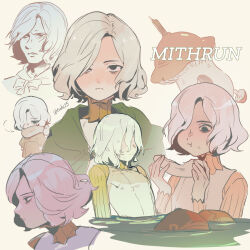  1boy 69pou absurdres bags_under_eyes black_eyes cloak commentary dungeon_meshi eating elf gorget green_cloak green_shirt grey_hair hair_over_one_eye highres hood hooded_cloak lazy_eye long_sleeves male_focus mithrun mithrun_(tallman) mushroom notched_ear pointy_ears shirt short_hair solo_focus tunic uneven_eyes wavy_hair 