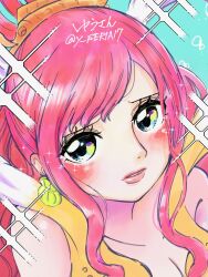  1girl bikini blue_eyes blush bubble close-up commentary_request earrings eyelashes fish_hair_ornament hair_ornament highres jewelry one_piece parted_lips shell shell_earrings shirahoshi solo sparkle swept_bangs swimsuit twitter_username yellow_bikini yu-san_(seria7) 