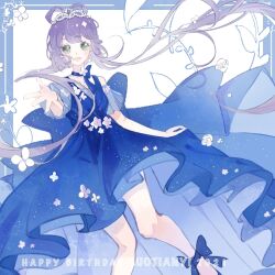  1girl 2021 absurdly_long_hair ankle_bow back_bow bare_arms bare_legs bare_shoulders beads blue_border blue_bow blue_bowtie blue_choker blue_dress blue_shoes border bow bow-shaped_hair bow_choker bowtie character_name choker clothing_cutout commentary_request dress dress_flower earrings eyelashes floating_hair flower foot_out_of_frame green_eyes hair_beads hair_ornament hair_rings happy_birthday jewelry knees large_bow light_blush light_particles long_dress long_hair luo_tianyi miqing neck_flower offering_hand open_mouth outside_border palms picture_frame plant pleated_sleeves purple_hair rose see-through_clothes see-through_sleeves shoes short_sleeves shoulder_cutout smile solo tareme very_long_hair vines vocaloid vsinger_(vocaloid) white_background white_flower white_rose 