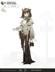  1girl absurdres ahoge alternate_costume arknights asymmetrical_clothes bag bare_shoulders breasts brown_hair brown_skirt chinese_commentary commentary_request doraneko_(1744546605) feather_hair full_body grey_jacket hair_between_eyes handbag highres holding holding_bag id_card jacket long_skirt looking_at_viewer medium_breasts neckerchief off_shoulder owl_ears owl_girl pocket_watch rhine_lab_logo semi-rimless_eyewear shirt short_hair silence_(arknights) skirt sleeveless sleeveless_shirt solo standing under-rim_eyewear watch yellow_eyes 