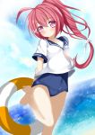  1girl aruka_(alka_p1) bare_legs blue_swimsuit blush hair_ornament hairclip i-168_(kantai_collection) innertube kantai_collection long_hair looking_at_viewer neckerchief one-piece_swimsuit pink_eyes ponytail redhead school_uniform serafuku smile solo swimsuit water 