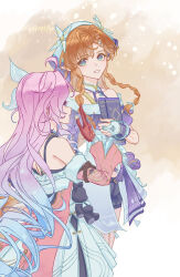  2girls bare_shoulders black_shorts body_markings book braid braided_bangs bridal_gauntlets chinese_commentary cicimilu commentary_request denia_(wuthering_waves) dress from_side gloves green_eyes highres holding holding_book jacket long_hair looking_at_another looking_at_viewer looking_to_the_side multiple_girls orange_hair parted_lips pink_hair pointy_ears red_gloves shorts signature sigrika_(wuthering_waves) smile turning_head veil white_bridal_gauntlets white_dress white_jacket white_veil wuthering_waves 