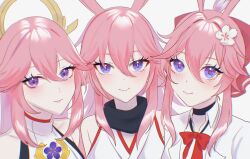  3girls animal_ears aoiabyss blue_eyes bow bowtie commentary evanescia_(honkai:_star_rail) flower fox_ears fox_girl genshin_impact hair_between_eyes hair_flower hair_intakes hair_ornament highres honkai:_star_rail honkai_(series) honkai_impact_3rd japanese_clothes long_hair looking_at_viewer mihoyo multiple_girls pink_hair red_bow red_bowtie sakura_ayane shirt sidelocks simple_background smile violet_eyes voice_actor_connection white_background white_flower white_shirt yae_miko yae_sakura yae_sakura_(gyakushinn_miko) 