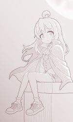  ahoge alternate_costume ascot bare_legs bobby_socks center_frills cloak cutoffs frills frown full_body greyscale highres long_hair looking_at_viewer monochrome moon onii-chan_wa_oshimai! oyama_mahiro popped_collar rtbspecter shoes short_shorts shorts sneakers socks 