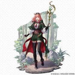  1girl :d absurdres ananke_(fire_emblem) animal_ears ankle_boots artist_request black_boots black_corset black_gloves black_thighhighs blue_eyes boots braid breasts brown_hair capelet coat commentary copyright_notice corset deer_ears deer_girl diorama elbow_gloves english_commentary fingerless_gloves fire_emblem fire_emblem_shadows fold-over_boots forest full_body gloves grass green_capelet green_coat green_shorts hair_between_eyes hair_extensions hat highres holding holding_staff looking_at_viewer medium_breasts medium_hair mini_hat nature neckerchief official_art open_mouth potion red_neckerchief red_sash rock sash shadow shirt short_shorts shorts side_braids sidelocks smile solo staff standing standing_on_one_leg teeth thigh-highs three-quarter_sleeves tree upper_teeth_only white_shirt 