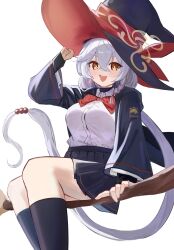  1girl :d absurdres blue_archive bow bowtie braid breasts broom broom_riding commentary dress_shirt eri_(blue_archive) from_below hair_between_eyes hakotheboxxx happy hat highres kneehighs large_breasts large_hat long_hair long_sleeves looking_at_viewer pleated_skirt red_bow red_bowtie shirt simple_background single_braid sitting skirt smile socks solo very_long_hair wavy_hair white_background white_hair white_shirt witch_hat yellow_eyes 