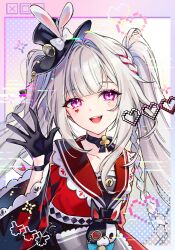  1girl abstract_background black_choker black_gloves black_hat butterfly_in_eye card choker commentary diamond_(shape) diamond_facial_mark facial_mark gloves hand_up hat heart heart_facial_mark highres honkai:_star_rail honkai_(series) long_hair looking_at_viewer mark_under_both_eyes mini_hat mini_top_hat open_mouth pink_eyes playing_card rumi_(rarumi11) smile solo sparkle_(honkai:_star_rail) sparxie_(honkai:_star_rail) teeth top_hat twintails untranslatable_commentary upper_body upper_teeth_only very_long_hair white_hair 