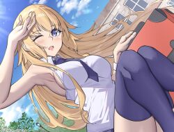  1girl absurdres armpits bare_shoulders between_breasts blonde_hair blue_eyes blush breasts clothes_between_breasts collared_shirt commentary_request fate/apocrypha fate_(series) highres holding holding_suitcase jeanne_d'arc_(fate) jeanne_d'arc_(girl_from_orleans)_(fate) long_hair looking_at_viewer necktie necktie_between_breasts official_alternate_costume one_eye_closed open_mouth purple_necktie purple_thighhighs shirt short_necktie sleeveless sleeveless_shirt solo suitcase thigh-highs toukan twitter_username white_shirt 
