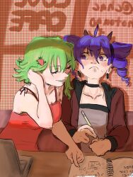  2girls adjusting_hair ahoge alternate_hair_color black_choker blush chachotongo choker closed_eyes commentary computer dress drill_hair english_commentary flustered green_hair grey_shirt gumi hair_between_eyes hair_ornament highres hood hooded_jacket index_finger_raised jacket kasane_teto laptop looking_at_another multiple_girls nostrils notebook open_clothes open_jacket parted_lips pointing purple_hair red_dress regret_rock_(synthesizer_v) shirt short_hair sleeveless sleeveless_dress smile sweatdrop table track_jacket twin_drills utau violet_eyes vocaloid yuri 