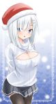 1girl alternate_costume blush breasts cleavage cleavage_cutout fujishima_shinnosuke hamakaze_(kantai_collection) highres kantai_collection large_breasts looking_at_viewer open-chest_sweater open_mouth pantyhose ribbed_sweater short_hair solo sweater turtleneck 