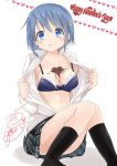  1girl blue_eyes blue_hair bra chocolate chocolate_heart collarbone gleision_adain hair_ornament hairclip heart mahou_shoujo_madoka_magica miki_sayaka open_clothes open_shirt plaid plaid_skirt school_uniform short_hair sitting skirt smile socks solo underwear valentine 