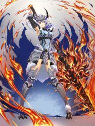  1girl ahoge arkveld_(armor) armpits arms_up blue_eyes blue_leotard breasts chiga_akira colored_tips commentary english_commentary fangs fire full_body gauntlets general_geega greatsword grey_hair helmet heterochromia highres large_breasts leg_armor leotard looking_at_viewer medium_hair monster_hunter_(series) multicolored_hair navel pointy_ears purple_hair red_eyes smile standing sword thighs virtual_youtuber vshojo weapon 