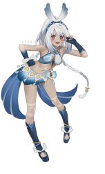  1girl absurdres bare_shoulders blue_hairband blue_pupils blue_skirt blush body_markings braid commentary dark_skin fingerless_gloves fur-lined_gloves genshin_impact gloves hairband hand_on_own_hip hawaiian_clothes highres long_hair looking_at_viewer low_twin_braids mualani_(genshin_impact) navel open_mouth red_eyes simple_background skirt smile solo tan twin_braids v v_over_eye vixsi_art white_background white_hair 