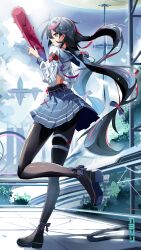  1girl absurdres ahoge anchor anka_(nostalgic_memories)_(tower_of_fantasy) anka_(tower_of_fantasy) black_hair commentary_request earrings hair_ornament highres jewelry kayoupii long_hair looking_at_viewer multicolored_hair official_alternate_costume pink_eyes red_eyes red_hair school_uniform science_fiction skirt smile solo streaked_hair tower_of_fantasy 