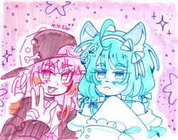  2girls :< absurdres ahoge blush bow chromashift closed_mouth commentary commission dated english_commentary eyelashes fang flower hair_bow hair_flower hair_ornament hairband highres indie_virtual_youtuber knlbow limited_palette long_hair long_sleeves mole mole_under_mouth multiple_girls ohitspiper open_mouth poko_rakun poko_rakun_(2nd_costume) raccon_ears raccoon_girl second-party_source smile traditional_media virtual_youtuber w 