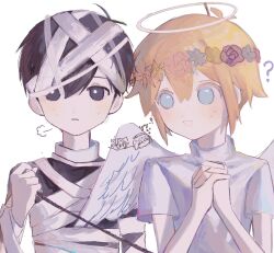  2boys ? alternate_costume angel angel_wings antenna_hair basil_(faraway)_(omori) basil_(omori) black_eyes black_hair black_shirt blonde_hair blue_eyes closed_mouth commentary double-parted_bangs fake_halo fake_wings flower flower_wreath hair_between_eyes halloween_costume halo head_wreath highres interlocked_fingers looking_at_another looking_at_viewer male_focus multiple_boys mummy_costume omori open_mouth own_hands_clasped own_hands_together shirt short_hair short_sleeves sidelocks simple_background sunny_(omori) sweat t-shirt ttyyuwwuw white_background wings 