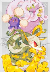  4others artist_name blush_stickers capracco colored_skin full_body gholdengo goodra green_eyes green_skin grey_background highres jumpluff multiple_others pink_skin pokemon pokemon_(creature) pokemon_focus purple_skin red_eyes serperior smile sparkle tagme tongue tongue_out 