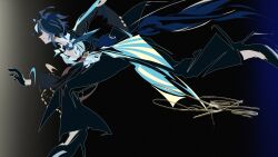  1girl animal_ears artist_name birthday black_background black_gloves black_hair blue_necktie commentary_request echoo from_below fuji_kiseki_(shooting_star_revue)_(umamusume) fuji_kiseki_(umamusume) gloves hair_ornament happy_birthday high_heels highres horse_ears horse_girl impressionism necktie pants running short_hair simple_background solo suit umamusume 