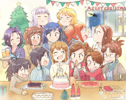  6+girls :d :t ^_^ ahoge akizuki_ritsuko amami_haruka antenna_hair birthday_cake birthday_party black_hair blonde_hair blue_hair bow brown_eyes brown_hair cake christmas_tree closed_eyes commentary_request fang folded_ponytail food full_moon futami_ami futami_mami ganaha_hibiki green_eyes grey_hair hagiwara_yukiho hair_bow highres hoshii_miki idolmaster idolmaster_(classic) indoors kikuchi_makoto kisaragi_chihaya long_hair merry_christmas minase_iori miura_azusa moon multiple_girls multiple_hair_bows night orange_hair ponytail shijou_takane short_hair side_ponytail smile takatsuki_yayoi tsubobot v-shaped_eyebrows window 