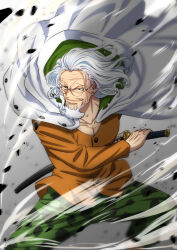 1boy beard closed_mouth commentary_request drawing_sword facial_hair green_pants highres holding holding_sword holding_weapon long_hair male_focus mature_male musasabiop old old_man one_piece orange_shirt pants round_eyewear scar scar_across_eye scar_on_face shirt silvers_rayleigh smoke solo sword weapon white_hair 