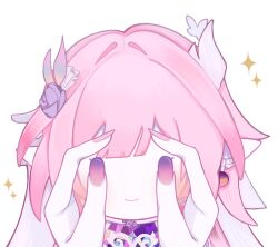  1girl character_doll commentary_request cyrene_(demiurge)_(honkai:_star_rail) cyrene_(honkai:_star_rail) doll female_pov flower hair_flower hair_ornament highres holding holding_doll honkai:_star_rail honkai_(series) onppu pink_hair pink_nails pointy_ears pov pov_hands simple_background solo white_background 