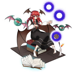  1girl black_skirt black_vest book break~ candle chinese_commentary collared_shirt commentary_request creature danmaku demon_wings embodiment_of_scarlet_devil full_body grimoire head_wings highres koakuma long_hair long_sleeves looking_at_viewer necktie pointy_ears red_eyes red_hair red_necktie shirt sitting_on_books skirt skirt_set socks solo touhou vest white_shirt white_socks wings 