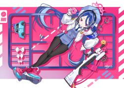  1girl :3 antenna_hair armband black_pantyhose blue_archive blue_armband blue_hair blue_necktie blue_skirt blue_suit blush chocho_16 commentary crossed_ankles doughnut food fubuki_(blue_archive) gun halo hand_up hat highres holding holding_donut holding_food jacket long_hair long_sleeves looking_at_viewer looking_up model_kit multicolored_hair necktie open_clothes open_jacket pantyhose pencil_skirt pink_halo pink_shoes police_hat red_eyes rifle ruger_mini-14 shirt shoes skirt solo sprue suit twintails untranslatable_commentary weapon white_jacket white_shirt 