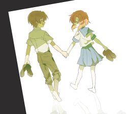  1boy 1girl barefoot blue_sailor_collar blue_skirt blush brown_hair higurashi_no_naku_koro_ni holding holding_hands holding_shoes holding_unworn_clothes maebara_keiichi nnsdah open_mouth orange_hair ryuuguu_rena sailor_collar school_uniform serafuku shoes short_sleeves skirt smile unworn_shoes 