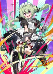  1girl apron black_boots black_dress bloomers boots circular_saw colorful_background commentary_request corin_wickes cuffs dress fingernails green_hair hair_between_eyes holding holding_weapon knee_boots long_hair maid maid_apron maid_headdress open_mouth puffy_short_sleeves puffy_sleeves saw screw_hair_ornament shinozuka_atsuto short_sleeves solo twintails violet_eyes weapon white_bloomers zenless_zone_zero 