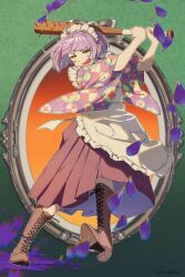  1girl 2025 :3 :d ahoge apron arms_up baseball_bat blood blood_splatter blood_stain blurry blurry_background bob_cut boots brown_boots colorized commentary_request copyright_notice dated derivative_work frilled_apron frills full_body green_background high_heel_boots high_heels highres holding holding_baseball_bat japanese_clothes kimono lace-up_boots looking_at_viewer maid maid_apron maid_headdress nail_(hardware) nail_bat nurimas open_mouth outline petals pocket portrait_(object) purple_blood purple_hair purple_kimono purple_petals sabino short_hair smile solo standing swinging_weapon tasokare_hotel tsukahara_neko v-shaped_eyebrows wa_maid white_outline wide_sleeves yellow_eyes 