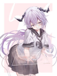  1girl abstract_background absurdres averting_eyes black_neckerchief black_skirt border center-flap_bangs chinese_commentary commentary demon_horns echoine floating_hair food fruit girly_pose highres holding holding_plate horns icing long_hair neckerchief nervous original outside_border plate pleated_skirt purple_background purple_hair school_uniform serafuku short_sleeves skirt solo tsurime tube very_long_hair violet_eyes white_border white_serafuku 