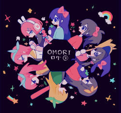  6+girls :d age_progression animal_ear_headphones animal_ears aubrey_(birthday)_(omori) aubrey_(faraway)_(omori) aubrey_(headspace)_(omori) aubrey_(omori) baseball_bat black_background black_eyes black_hair blonde_hair blue_bow blue_eyes blue_hairband blue_shirt bow bow_hairband braid bright_pupils broom cardigan closed_mouth commentary_request cropped_torso cup disposable_cup drink drinking_straw empty_eyes fake_animal_ears flower from_side hair_bow hairband hat hat_bow headphones high_ponytail highres holding holding_baseball_bat holding_broom holding_cup holding_drink holding_stuffed_toy jacket long_hair long_sleeves looking_at_viewer mr._plantegg_(omori) multiple_girls multiple_persona ninini_(happy_goody115) official_alternate_costume official_alternate_hairstyle omori open_clothes open_jacket open_mouth pink_bow pink_cardigan pink_flower pink_hair ponytail profile purple_hair purple_hat rabbit_ear_headphones rabbit_ears red_shirt sailor_collar shirt shooting_star short_sleeves simple_background smile sparkle star_(symbol) straight_hair stuffed_eggplant stuffed_toy teardrop violet_eyes white_jacket white_pupils witch_hat yellow_sailor_collar 
