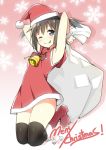  1girl :p ;) armpits black_hair black_legwear blue_eyes christmas hat highres jumping looking_at_viewer one_eye_closed original santa_hat sky_(freedom) smile solo thigh-highs tongue tongue_out two_side_up zettai_ryouiki 