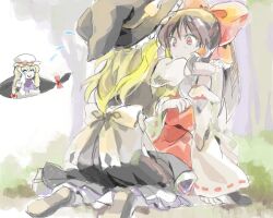  3girls 79inko archived_source ascot back_bow black_dress black_hair black_shoes blonde_hair bow crying detached_sleeves dress frilled_dress frills from_behind gap_(touhou) hair_ribbon hair_tubes hakurei_reimu handkerchief hat holding holding_handkerchief hug kirisame_marisa long_hair long_sleeves mob_cap multiple_girls nontraditional_miko oekaki puffy_short_sleeves puffy_sleeves red_dress ribbon shoes short_sleeves sitting smile tabard tears touhou tree wariza wide_sleeves wiping_tears witch_hat yakumo_yukari yellow_ascot 
