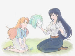  1other 2girls aqua_hair arato_nagi black_hair blonde_hair blue_eyes blue_hoodie brown_shoes collared_shirt commentary crossover crystal_hair denim earrings english_commentary genre_connection gloves grass green_eyes hammer highres holding holding_detached_head holding_hammer hood hoodie houseki_no_kuni itsjarrrd jeans jewelry kneeling light_smile long_hair looking_at_another multiple_girls open_mouth pants phosphophyllite ruri_no_houseki shirt shoes signature skirt sparkling_eyes stud_earrings tanigawa_ruri white_background white_gloves white_shirt white_skirt 