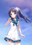  1girl blue_eyes blush clouds cowboy_shot hiradaira_chisaki irimo-m jpeg_artifacts long_hair nagi_no_asukara purple_hair sailor_dress school_uniform side_ponytail sky smile solo twitter_username 