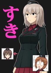  3girls arrow_(symbol) black_background black_hat black_jacket blue_eyes brown_eyes brown_hair closed_mouth commentary constricted_pupils dress_shirt empty_eyes frown garrison_cap girls_und_panzer grey_hair hat highres insignia itsumi_erika jacket kuromorimine_military_uniform long_sleeves looking_at_another looking_up medium_hair military_hat military_uniform mind_reading miniskirt multiple_girls nishizumi_maho nishizumi_miho omachi_(slabco) outline parody pleated_skirt red_shirt red_skirt scene_reference serious shirt short_hair siblings simple_background sisters skirt sparkle spy_x_family standing translated white_outline wing_collar 