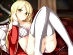  1girl 2014 blonde_hair blush bra breasts cleavage couch dated jougen long_hair open_clothes original panties pillow santa_costume signature smile solo thigh-highs underwear white_bra white_legwear white_panties yellow_eyes 