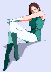 1girl aeug belt breasts brown_hair commentary_request emma_sheen gloves green_eyes gundam highres looking_at_viewer military military_uniform pgmajimaji science_fiction short_hair sitting sleeveless solo thigh-highs zeta_gundam 