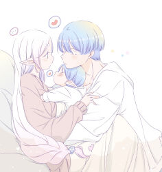  ... 1girl 2boys absurdres baby blue_hair cardigan closed_eyes commentary_request earrings elf family frieren gradient_hair heart hetero highres himmel_(sousou_no_frieren) jewelry long_hair long_sleeves looking_at_another low-tied_long_hair mother_and_child mother_and_son multicolored_hair multiple_boys parent_and_child pointy_ears sachinyopo short_hair simple_background sousou_no_frieren spoken_heart white_background 