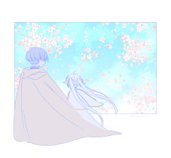  1boy 1girl border branch capelet cherry_blossoms cloak earrings elf facing_away falling_petals flower frieren from_behind grey_cloak highres himmel_(sousou_no_frieren) jewelry long_hair outside_border petals pink_flower pointy_ears sachinyopo short_hair sousou_no_frieren teardrop_earrings twintails white_border white_capelet white_cloak 