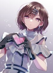 1girl black_gloves brown_hair clothing_cutout commentary_request crossed_bangs dress dutch_angle earrings four-finger_heart_hands gloves gradient_background grey_background grey_dress hair_between_eyes hair_ornament hair_over_one_eye hairclip heart heart_hands highres higuchi_madoka holding holding_microphone idolmaster idolmaster_shiny_colors jewelry looking_at_viewer mani_(manidrawings) medium_hair microphone parallel_hairclips shoulder_cutout sidelocks simple_background solo upper_body violet_eyes 