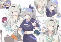  2girls ^_^ blade_(honkai:_star_rail) bow checkered_clothes closed_eyes commentary_request cropped_hoodie eyewear_on_head firefly_(honkai:_star_rail) firefly_(spring_missive)_(honkai:_star_rail) gradient_hair grey_eyes grey_hair grid_background grin happy headband highres honkai:_star_rail honkai_(series) hood hoodie kafka_(honkai:_star_rail) ki_ii37 long_hair midriff multicolored_eyes multicolored_hair multiple_expressions multiple_girls official_alternate_costume official_art_inset pants school_uniform serafuku silver_wolf_(honkai:_star_rail) smile stellaron_hunters_(honkai:_star_rail) 