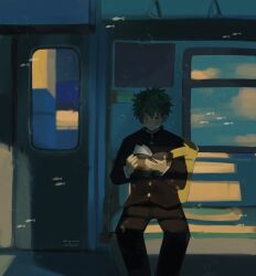  1boy 2848kemokemo backpack bag black_pants boku_no_hero_academia book buttons commentary english_commentary gakuran highres holding holding_book male_focus midoriya_izuku pants school_uniform sitting solo train_interior yellow_bag 