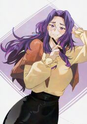  1girl absurdres artist_name black_skirt bluesky_logo blush boku_no_hero_academia breasts bright_pupils capelet commentary cowboy_shot curvy dutch_angle english_commentary glasses hand_on_own_head high-waist_skirt highres holding holding_stylus instagram_logo knowname lady_nagant large_breasts long_hair looking_at_viewer mature_female mixed-language_commentary multicolored_hair multiple_scars narrow_waist orange_capelet pixiv_logo purple_background purple_hair rimless_eyewear scar scar_across_eye scar_on_cheek scar_on_face scars_all_over shirt skirt smile standing stylus sweater twitter_logo violet_eyes white_background yellow_shirt 