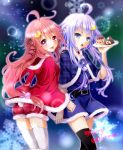  2girls ahoge aoi_(kiyokiyoaomushi) blue_eyes blue_hair bunny_hair_ornament cake capelet christmas crescent_hair_ornament food hair_ornament highres kantai_collection long_hair merry_christmas multiple_girls pink_eyes pink_hair plaid short_hair_with_long_locks thigh-highs uzuki_(kantai_collection) white_legwear yayoi_(kantai_collection) 