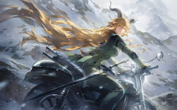  1girl arknights artist_name blonde_hair degenbrecher_(arknights) elbow_pads floating_hair gloves goat_horns helen_zzhao highres horns long_hair looking_at_viewer looking_back motor_vehicle motorcycle mountain pants partially_shaded_face riding scenery snow solo turning_head very_long_hair yellow_eyes 
